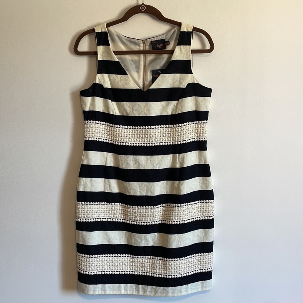NWT Just Taylor 6 Black Striped Dress White Sleeveless Lace Summer Coastal Work